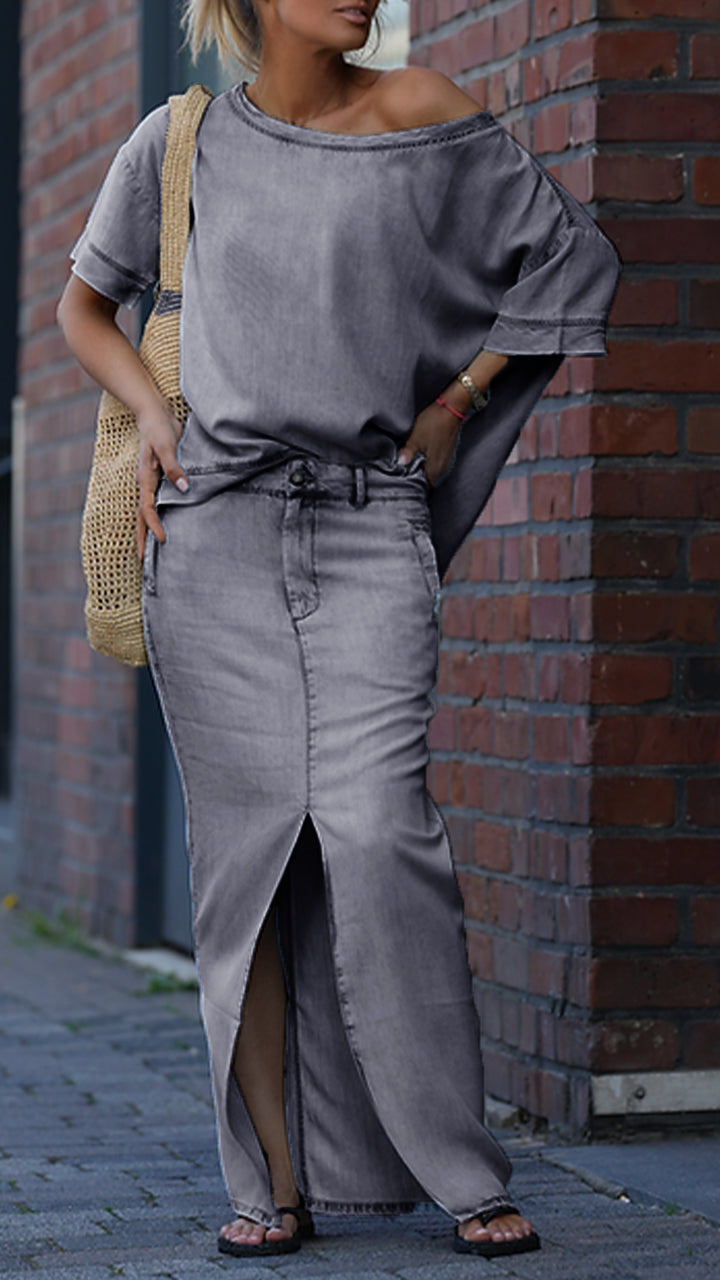 AUREOLA Damski garnitur casualowy z okrągłym dekoltem i denimu Tencel