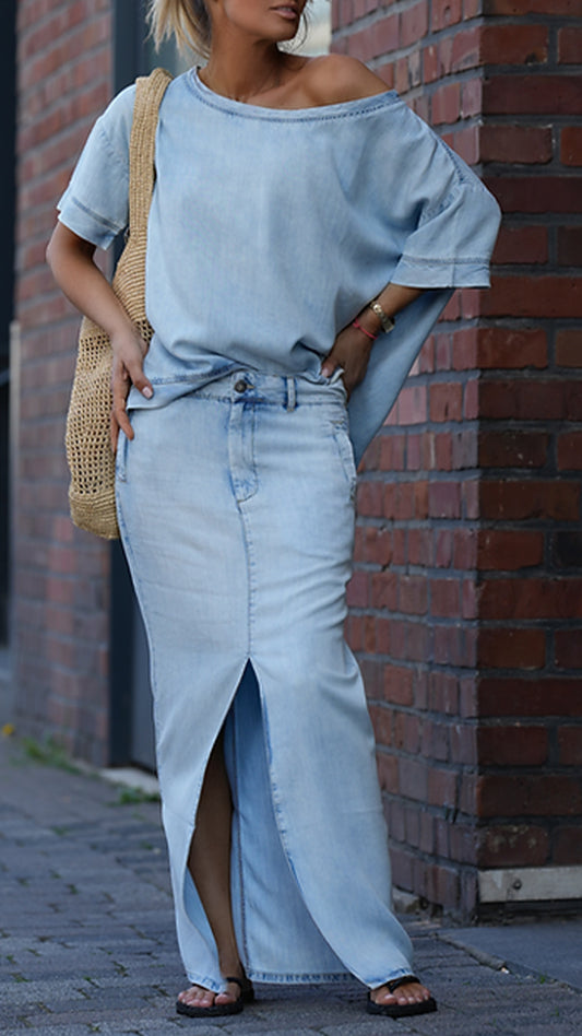 AUREOLA Damski garnitur casualowy z okrągłym dekoltem i denimu Tencel